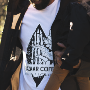 ULTRA SOFT BAZAAR COFFEE LOGO TSHIRT IN WHITE