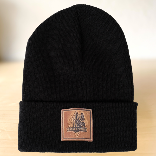 Bazaar Coffee Black Beanie Full Grain Leather Patch Hand Made in USA